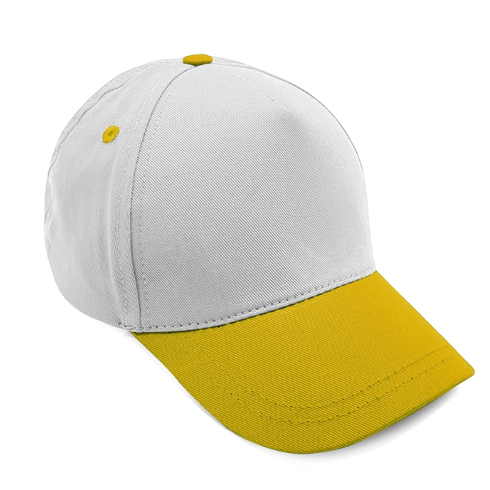 Promosyon Şapka - Beyaz - Sarı - % 100 Pamuk Gabardin Logo Baskılı Şapka