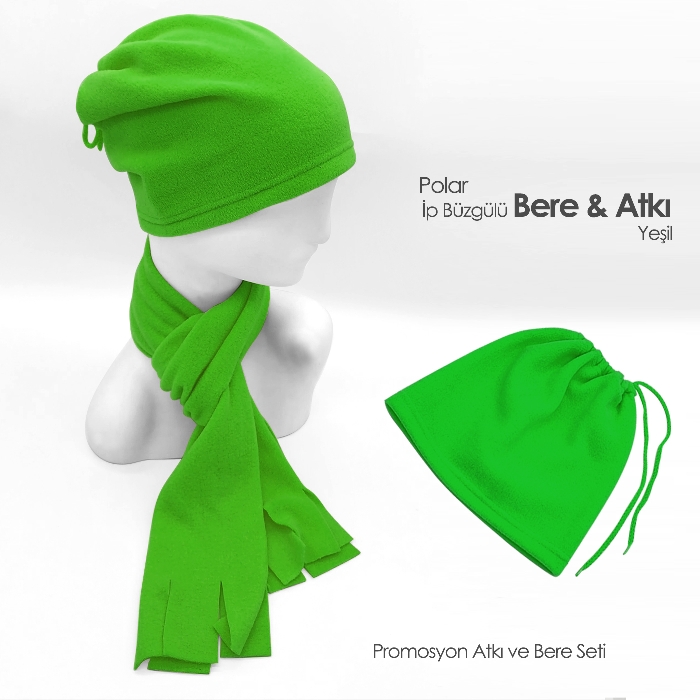 Baskılı Polar Bere ve Atkı Seti - Promosyon Yeşil Renk İp Büzgülü Bere ve Atkı Seti