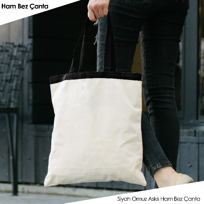Ham Bez Siyah Biyeli Çanta - Promosyon 25cm x 35 cm Ölçülü Ham Bez Çanta