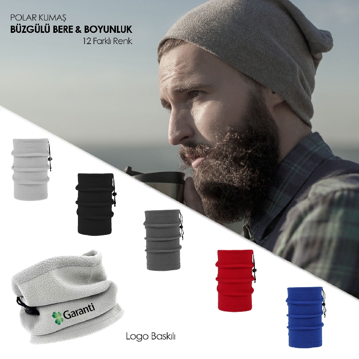Promosyon Bere ve Boyunluk - Sarı Renk İp Büzgülü Polar Bere ve Boyunluk