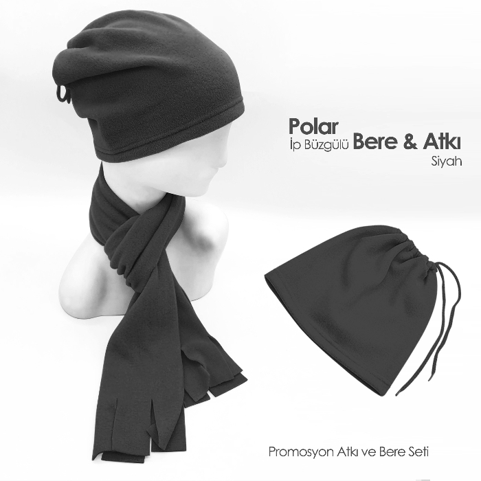 Ucuz Polar Bere ve Atkı Seti - Füme Rengi İp Büzgülü Polar Bere ve Atkı Seti